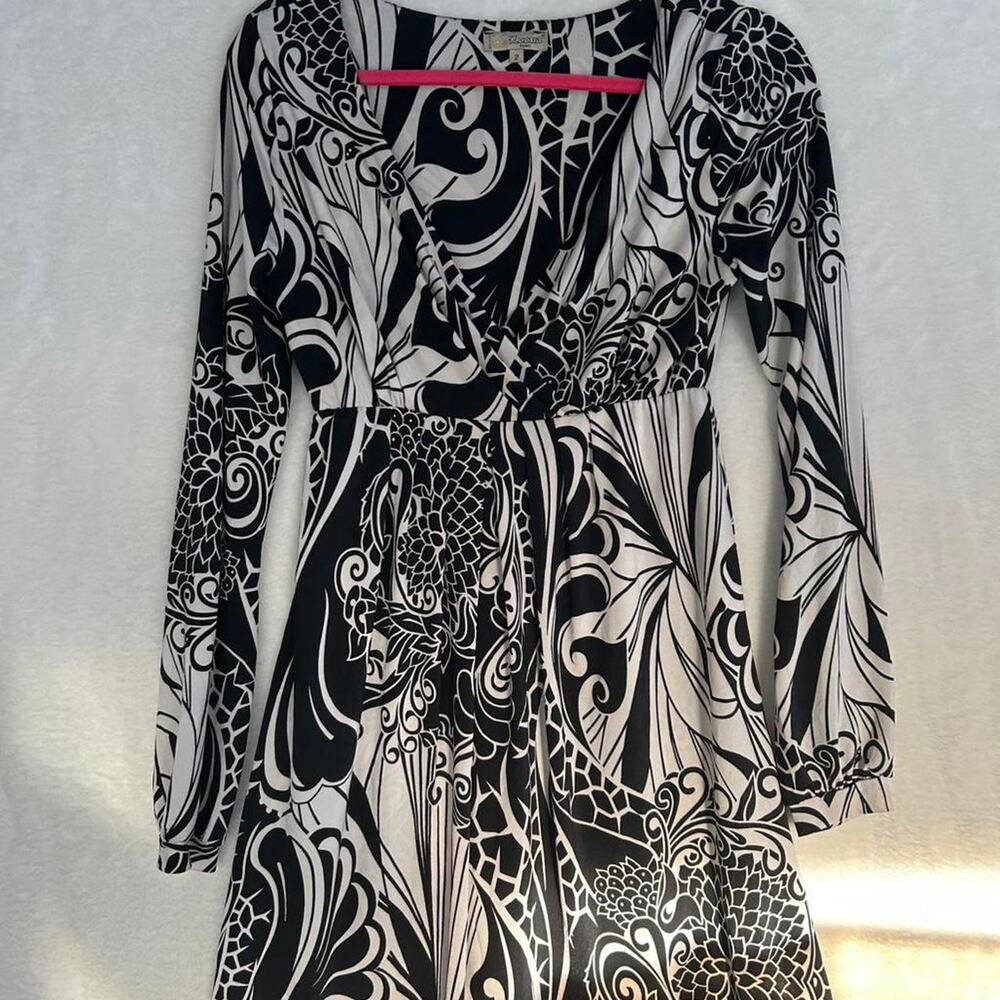 Loona Paris Dress‎ Womens 2 Black White Abstract Print Long Sleeve V-Neck France